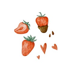 Set of strawberries elements, fruits elements, strawberry illustration, strawberry collection, strawberry in chocolate, hearts, romantic srawberry