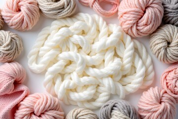 Colorful yarn collection featuring soft wool skeins and twisted rope centerpiece