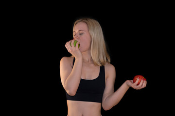 Fit Girl Enjoying Healthy Lifestyle with Fresh Green and Red Apples