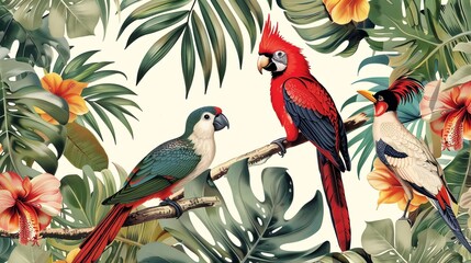 A tropical jungle scene with birds and flowers.
