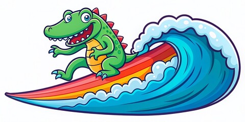Fototapeta premium Cute Cartoon Crocodile Surfing T-Shirt Art Design Featuring a Playful Alligator on a Surfboard with Vibrant Colors and Minimalist Aesthetic for Trendy Apparel