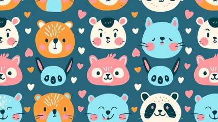 A seamless pattern with cute cartoon animal faces.
