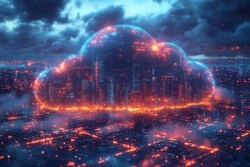 Fototapeta premium Futuristic city enveloped by a glowing cloud symbolizing digital infrastructure and network connectivity.