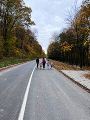 Family walking down a scenic autumn road in a wooded area