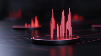 3D rendering of a futuristic interface with a black background. In the center of the image, there is a circular platform with a red line graph on it.