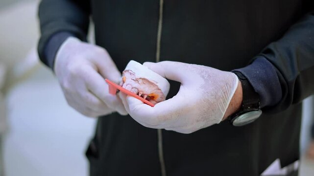 Dental prosthesis, prosthetics work. Close up of prosthetic's hands while working on the denture. Selective focus.