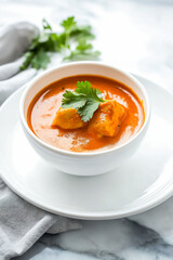 Sophisticated Presentation of Butter Chicken in a White Bowl Surrounded by Negative Space for Upscale Culinary Events