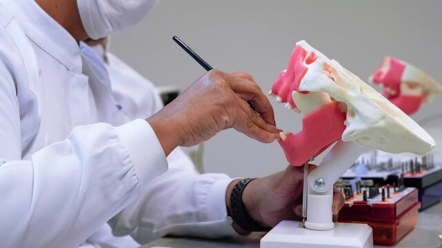 Banco de imagensDental prosthesis, prosthetics work. Close up of prosthetic's hands while working on the denture. Selective focus.