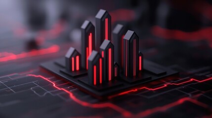 Fototapeta premium 3D rendering of a bar graph on a black circuit board. The bar graph is made up of multiple bars of different heights, each with a red line running through them.