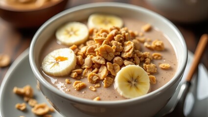 A bowl of creamy cereal topped with sliced bananas and crunchy granola sits on a wooden table, creating a delicious and nutritious breakfast scene