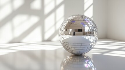 Rotating silver disco ball with vibrant reflections and sleek mirror tiles, on a white background