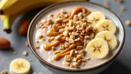 Bowl of cereal topped with sliced bananas, crunchy granola, and drizzled caramel, next to fresh bananas and almonds on a rustic table