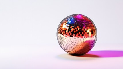 Small disco ball with a reflective surface, creating vibrant reflections, isolated on white