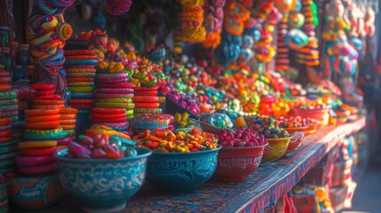A market counter filled with vibrant patterns and textures, inviting shoppers to explore.