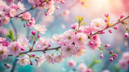 Obraz premium Delicate Cherry Blossom Branches with Soft Pink Flowers and Buds on a Dreamy Background Evoking a Surreal Atmosphere of Springtime Serenity and Natural Beauty