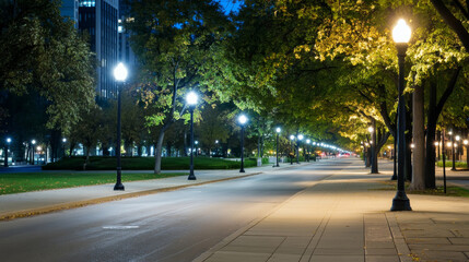 Empty city street at night with glowing streetlights and trees.