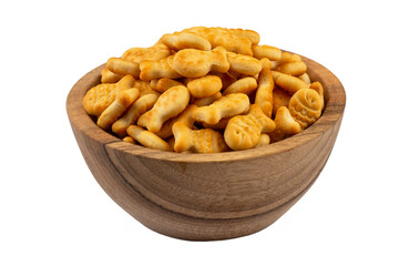 Yellow fish crackers on isolated white background.