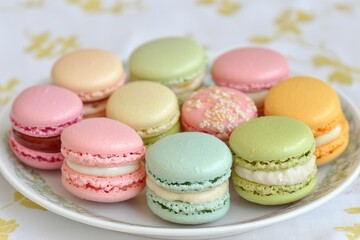 Fototapeta premium Outline sketch and guideline concept, A colorful assortment of macarons displayed on a plate, showcasing various pastel shades and flavors, perfect for dessert lovers and special occasions.