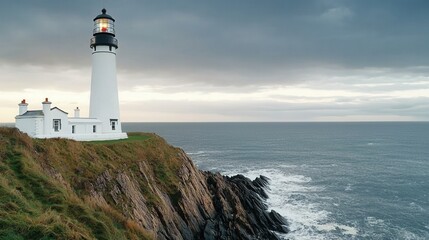 Fototapeta premium Outline sketch and guideline concept, A scenic lighthouse stands on a rocky cliff, overlooking a turbulent sea under a cloudy sky.