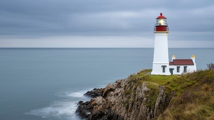 Outline sketch and guideline concept, A scenic lighthouse stands on a rocky shore, overlooking a calm sea under a cloudy sky, embodying maritime beauty and tranquility.