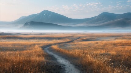 Serene Plain at Sunrise with Mist Over Mountains - Concept of Tranquility, Natural Beauty, Dawn Harmony, Peaceful Landscape