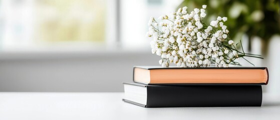 Books with White Flowers on Table in Cozy Indoor Setting