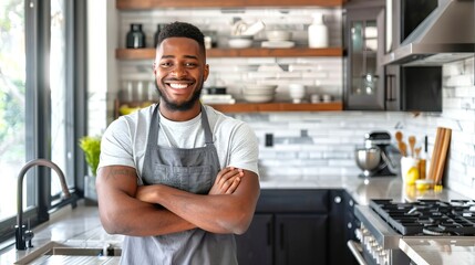 Young African American Man Smiling in Modern Kitchen. Concept of Dental Health, Confidence, Home Cooking, and Lifestyle in Contemporary Spaces