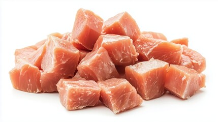 Fresh diced salmon pieces ready for cooking and preparation in a clean kitchen setting