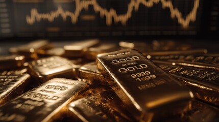 A powerful image of gold bars under a spotlight, with dynamic stock market trends in the background.