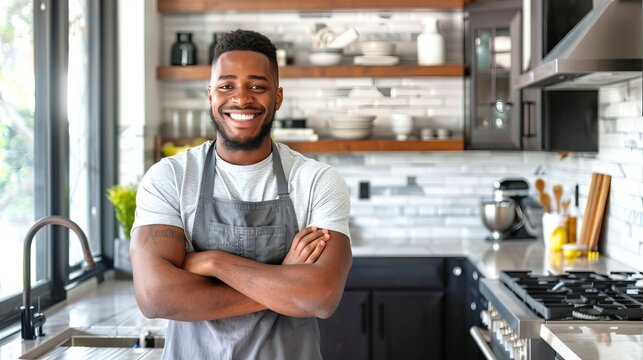 Young African American Man Smiling in Modern Kitchen. Concept of Dental Health, Confidence, Home Cooking, and Lifestyle in Contemporary Spaces