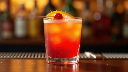 Tequila Sunrise Cocktail - Vibrant cocktail garnished with a cherry and orange slice in a dimly lit bar setting