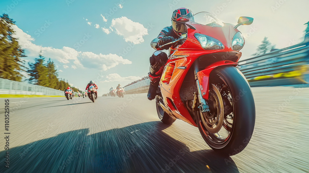 Poster Road racing motorcycle in high speed on racing track - Moto GP and grands prix concept - Models by AI generative.