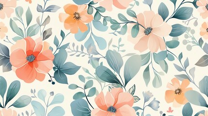 A delicate floral pattern with peach, blue, and green tones.