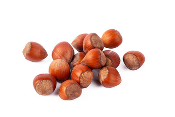 Shelled hazelnuts on the white background
