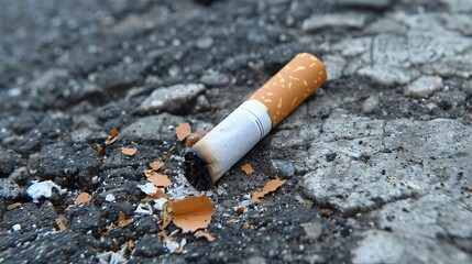 Discarded Cigarette Butt on Asphalt Street Highlighting Pollution and Environmental Impact in Urban Settings