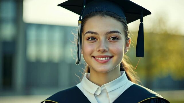 Happy graduate smiling and wearing woman doctoral graduation cap gown and mortarboard