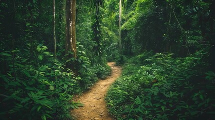 Fototapeta premium Serene Jungle Path Winding Through Lush Greenery and Tall Trees Conveys Peace and Exploration in Nature