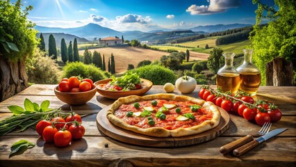 Delicious Pizza Tonno e Cipolla: A Culinary Delight with Tomato Sauce, Mozzarella, and Tuna in a Rustic Italian Restaurant Setting