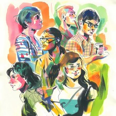 different people in sketching style by mixed media techniques 