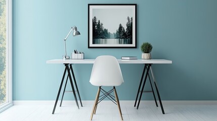 Modern Minimalist Desk Setup with Scenic Wall Art and Chair