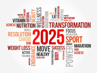 2025 health and sport goals word cloud, motivation concept background