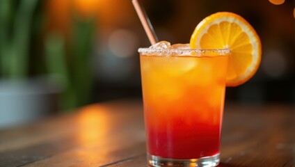 Tequila Sunrise Cocktail - A vibrant cocktail with a slice of orange and sugared rim sits on a wooden table, illuminated by warm lighting