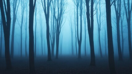 Obraz premium Outline sketch and guideline concept, A misty forest scene with tall, bare trees shrouded in blue fog, creating an eerie and mysterious atmosphere.
