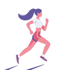 Fototapeta premium Vector illustration woman girl runs, participation in competitions, marathon. Woman runs outdoors on a white background. Suitable for any health projects, mobile applications, websites, advertising