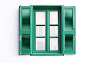 Green window shutters open on a white wall