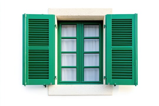 Green shutters open on a window in a white wall - Powered by Adobe