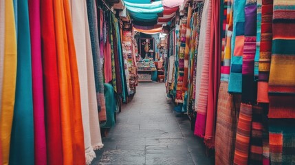 A scenic view of an artisan's fabric shop featuring flowing drapes and intricate textiles.