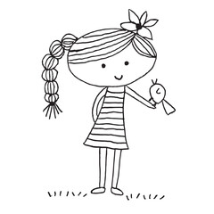 Cute girl doodle cartoon character hand drawing isolated