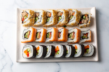 Sushi is a traditional Japanese dish consisting of rice with vinegar and various ingredients such as seafood and vegetables.