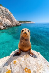 A playful seal perches on a rocky outcrop, overlooking clear blue waters and a sunny sky, creating a picturesque coastal scene.